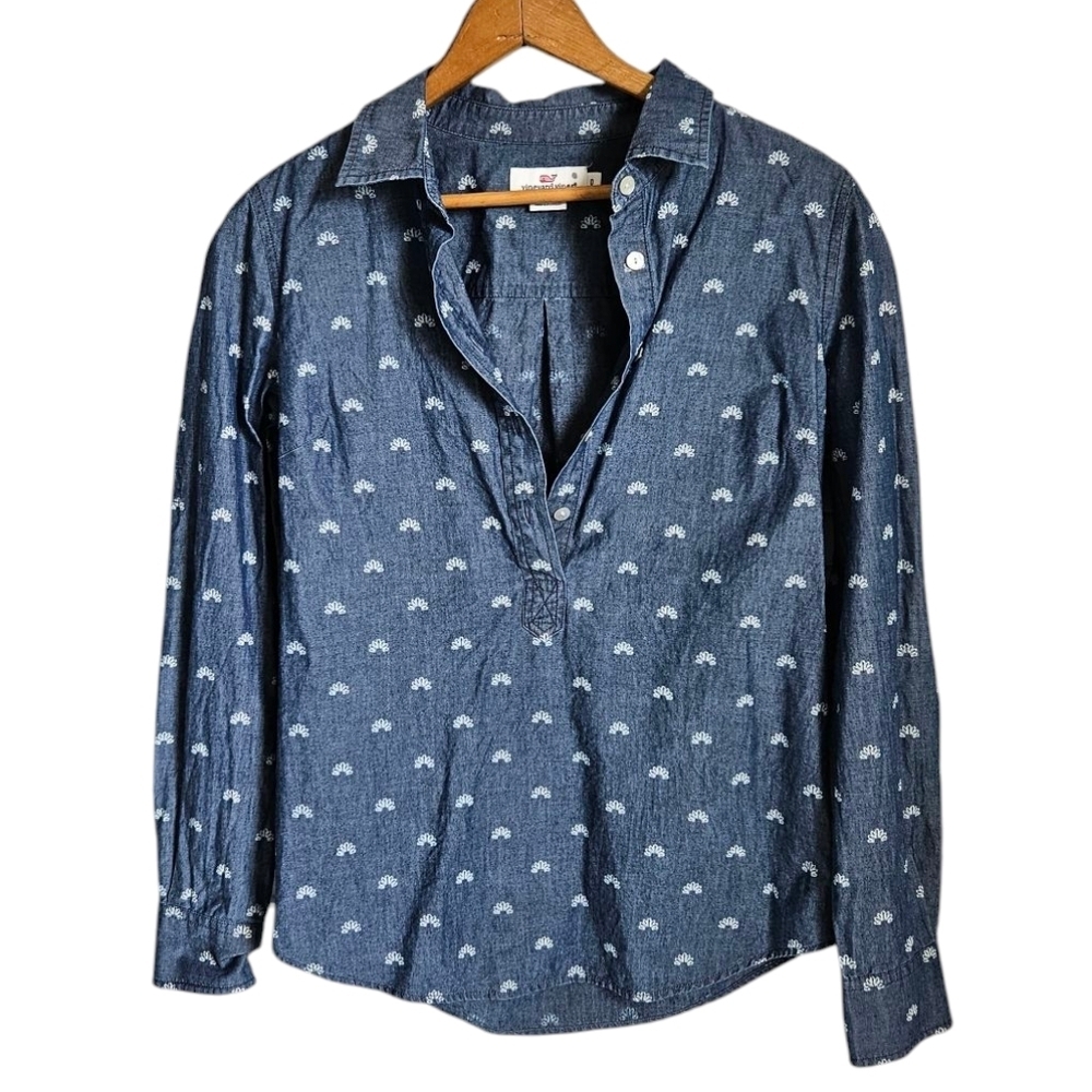 Vineyard Vines Blue Cotton Preppy Quarter Button-Up Blouse, Size 0 - Picture 2 of 5
